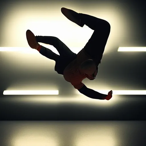 Image similar to break dancer in a shape of light , long exposure shot, cinematic view from lower angle, octane render, soft and detailed