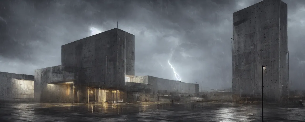 Image similar to brutalist architecture, metal, concrete, mist, rain, night, dramatic lighting, lightning bolt, trending on Artstation, 8k, highly realistic, hyper detailed, unreal engine 5, IMAX quality, photorealistic, cinematic, epic lighting, in the style of Gerald Brom and Ted Nasmith