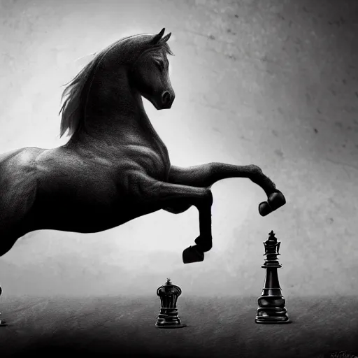 Prompt: a chess piece comes alive, the horse jumps over the wooden chessboard, fantasy art, in the style of greg rutkowski, illustration, epic, fantasy, intricate, hyper detailed, artstation, concept art, smooth, black and white, sharp focus, ray tracing