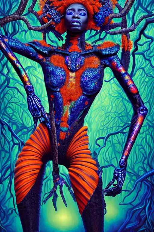 Image similar to hyperrealistic post-maximalist super expressive! black woman with exoskeleton armor, merging with tree in a forest, highly detailed digital art masterpiece smooth cam de leon hannah yata dramatic pearlescent blue orange light ground angle hd 8k sharp focus