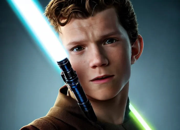 Image similar to tom holland plays anakin skywalker in the live action remake of star wars revenge of the sith, 3 5 mm photography, highly detailed, cinematic lighting, standing pose, holding lightsaber 4 k