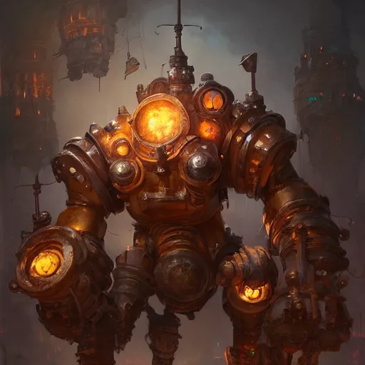 Image similar to a Steam powered mechanical golem, forward facing angle, matte background, concept art, character design, stunning 3d render , art by Tooth Wu and justin gerard and Blizzard studios, 8k octane beautifully detailed render, post-processing, extremely hyperdetailed, intricate complexity, epic composition, grim yet sparkling atmosphere, masterpiece, trending on artstation