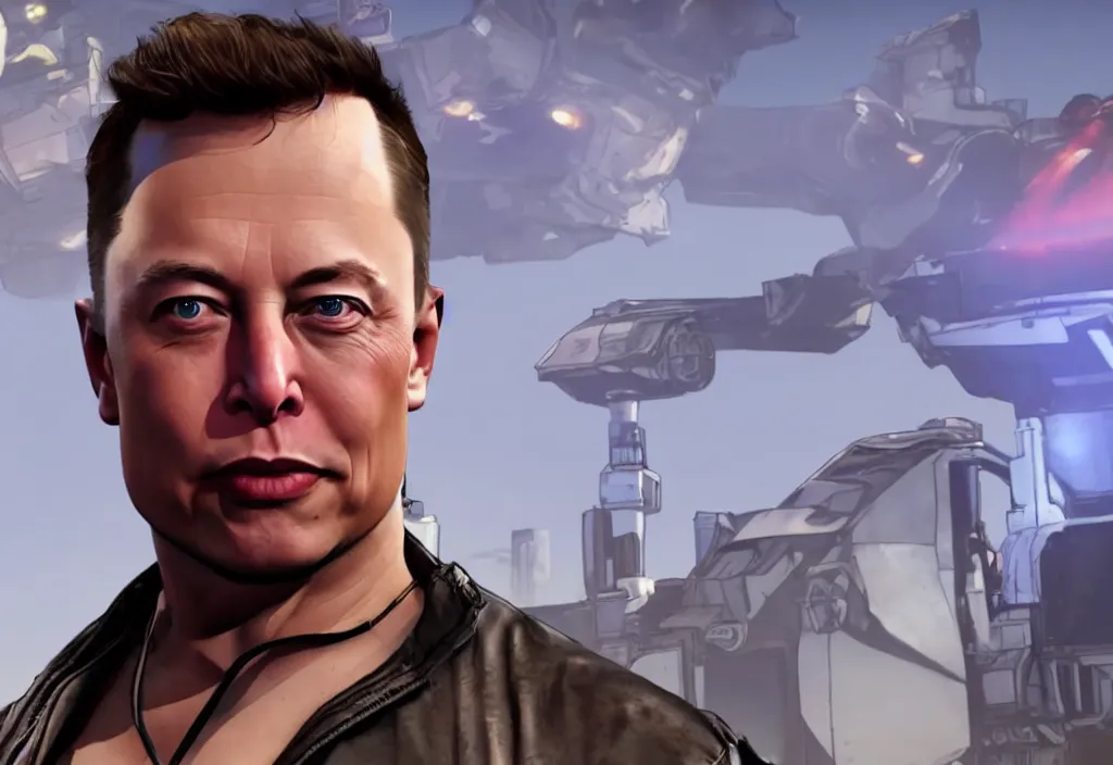 Image similar to elon musk in borderlands elon musk in the video game borderlands, gameplay screenshot, close up, 3 d rendering. unreal engine. amazing likeness. very detailed.