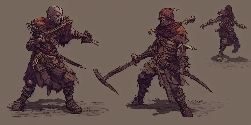Prompt: warrior character design, idle, attack, sprite, darkest dungeon, pc game, sideview, art by moebius and greg rutkowski.