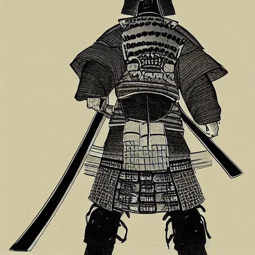 Image similar to A FULL BODY PORTRAIT FROM BEHIND OF A SAMURAI WITH A KATANA AND A CHAIN , ink style , sketch