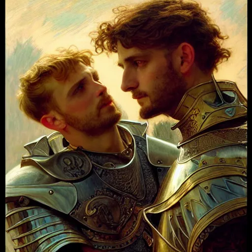 Image similar to attractive arthur pendragon and his attractive male knight, they are in love, natural lighting, path traced, highly detailed, high quality, digital painting, by gaston bussiere, craig mullins, alphonse mucha j. c. leyendecker