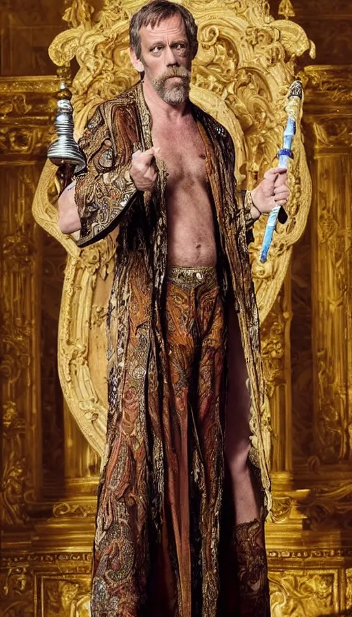 Image similar to hugh laurie as god of love, masculine, sweaty, intricate dressed in an ornate royal loin cloths and robe, and holding his love scepter, hero, intricate, highly - detailed,