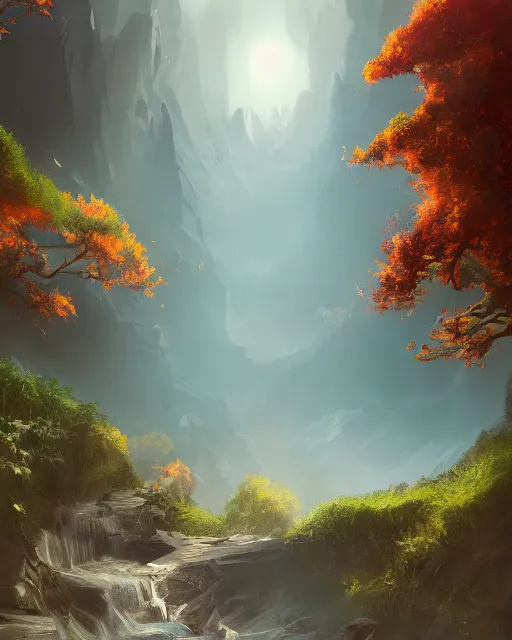 Image similar to the fall of summer, landscape, dreamy, cinematic lighting, highly detailed, digital painting, trending on artstation, pixiv, concept art, sharp focus, illustration