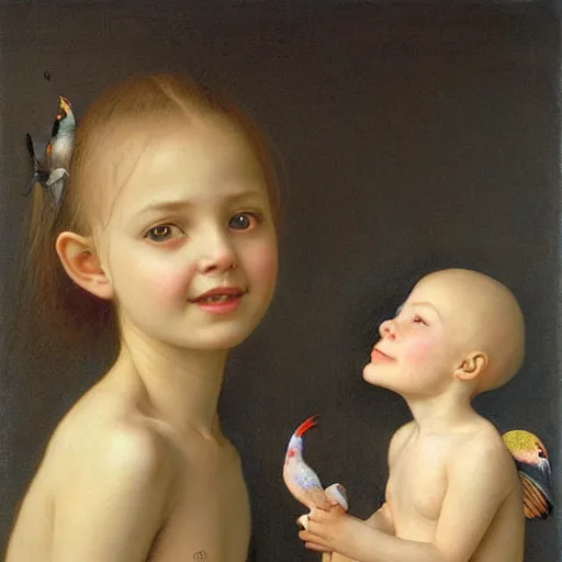 Prompt: !dream a beautiful oil painting of a little cute girl smiling and birds flying around her head by Dino Valls and George Stubbs and Greg Rutkowski