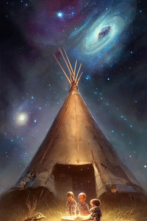Image similar to a mother a father and 8 children sitting in front of a tipi with galaxies overhead, stars, nebulae, by wlop, by luis royo, by peter mohrbacher, concept art, digital illustration, intricate, masterpiece, elegant, super detailed, unreal engine rendering, smooth, sharp focus, artstation hq