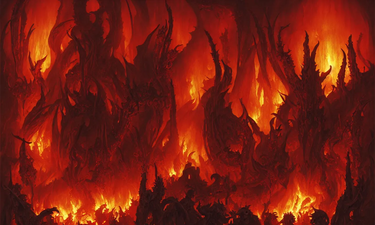 Image similar to Purgatory, fire in hell. A crowd of sinful people is burning in hell in hellfire. The gateway to the infernal underworld. Devils demons and ghouls torment sinful people, highly detailed, digital painting, artstation, concept art, smooth, sharp focus, illustration, art by artgerm and greg rutkowski and alphonse mucha