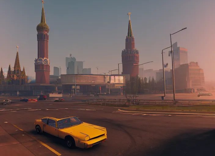 Image similar to gta in moscow, playstation 5 screenshot, symmerical, mega details, golden hour, fog, beautiful rtx reflections, brutalism buildings, photorealistic, unreal engine 5, octane render, volumetric light, cg society, 4 k, bokeh, lada car, artstation