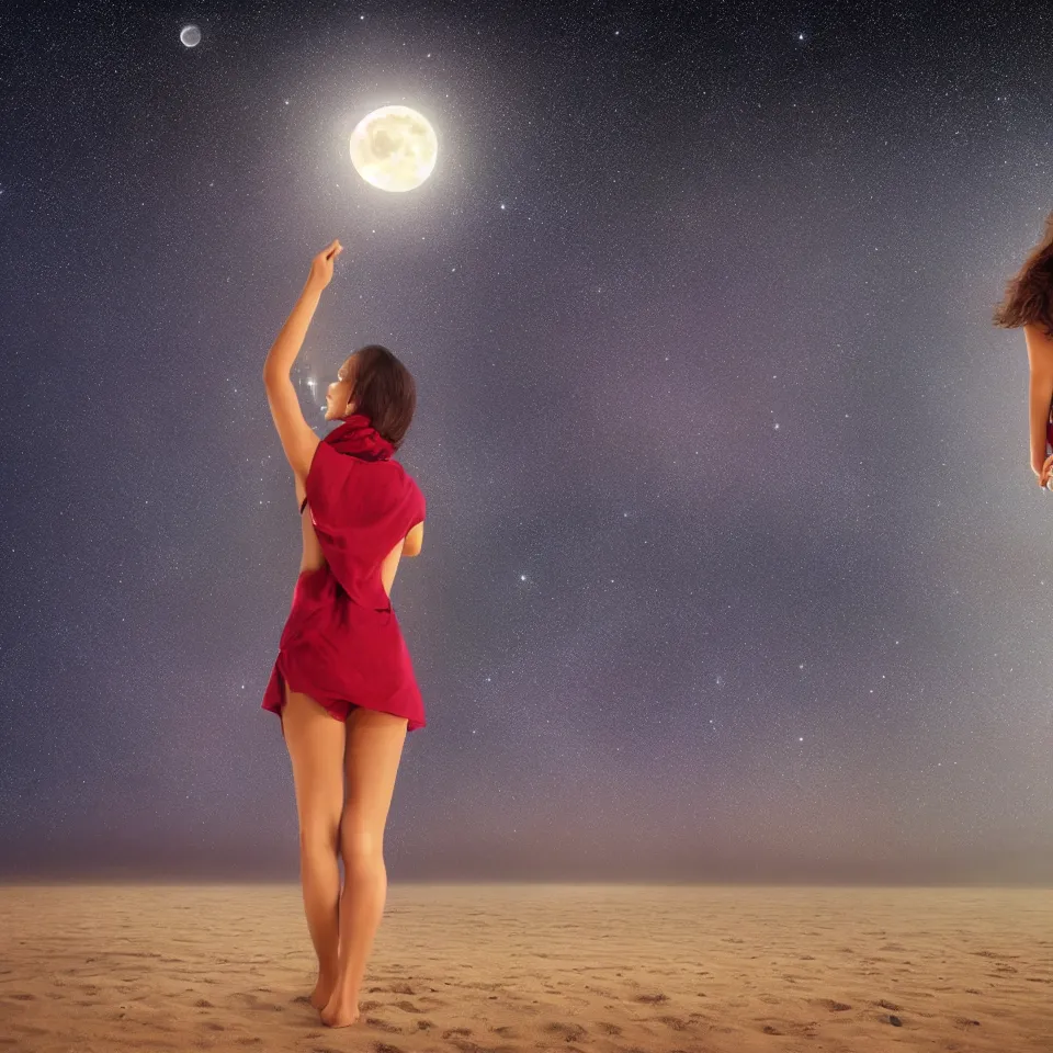 Image similar to young arabian woman standing on the beach at night with the moon above and the galaxy visible, masterful intricate artwork, high detail 8 k