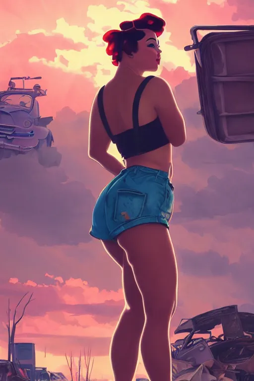 Image similar to pinup in mini short with backpack looking at food at garbage dump, destroyed cars, city is pure wasteland, moody sunset background, rays of sunlights, ( ( ( rainbow ) ) ), high details, sharp, photorealism, cinematic, greg rutkowski, alphonse mucha, trending on artstation, artgerm, unreal engine, highly detailed