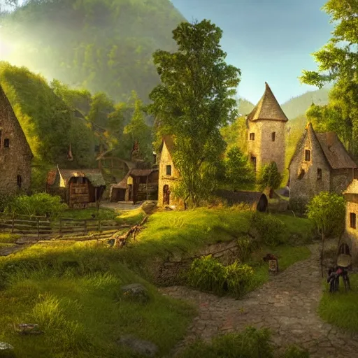 Prompt: medieval village in the middle of lush forest, highly detailed, rim light, art, cinematic lighting, very coherent, hyper realism