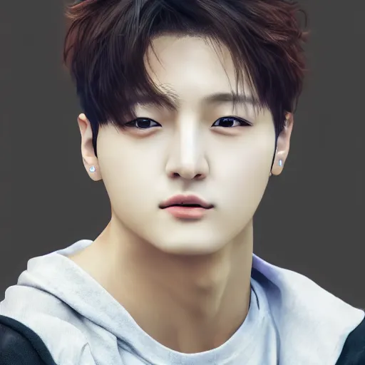 Image similar to Portrait of old version of jeon Jungkook, kpop artist, realistic, face portrait, real life, front view, detailed face, 8k, 50mm focal length