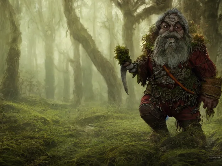 Image similar to Scared High Fantasy Dwarf Druid running through Haunted Swamp, RPG Portrait Reference, Oil Painting, Trending on Artstation, octane render, Insanely Detailed, 8k, HD