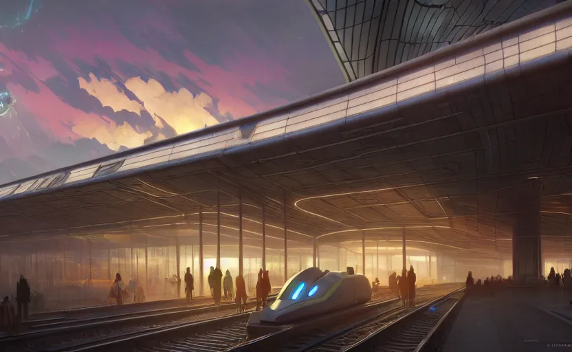 Image similar to exterior shot of utopian train station with cinematic lighting by zaha hadid and renzo piano, darek zabrocki and greg ruthkowski, alphonse mucha, simon stalenhag, cinematic, holy place, paradise, scifi, futurism, atmospheric, sunset, concept art, artstation, trending on artstation