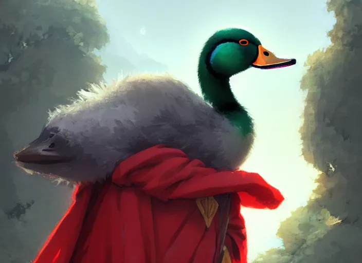 Image similar to cute fluffy mallard duck wearing red cultist robe, details, fantasy, epic, ancient sacrificial altar, landscape illustration concept art anime key visual trending pixiv fanbox by wlop and greg rutkowski and makoto shinkai and studio ghibli and kyoto animation symmetrical facial features