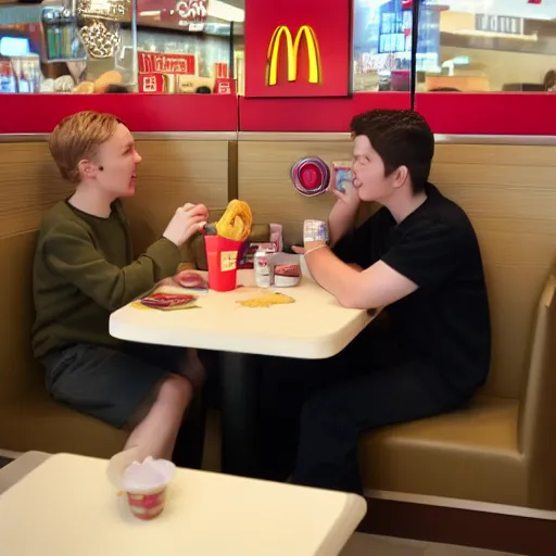 Image similar to Two different people sitting at a booth in McDonalds, one of the people is Draco Malfoy, the other character is Eddie Munson, McDonalds interior background, photo