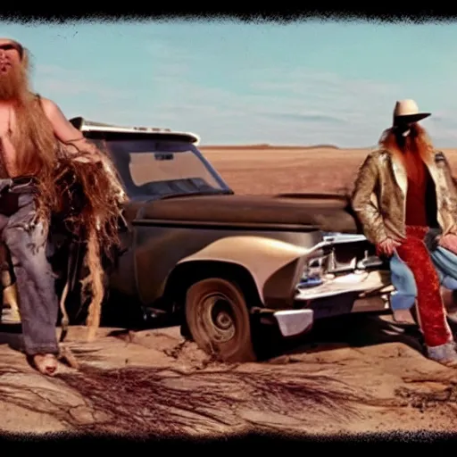 Image similar to ZZ Top sitting in back of a pickup truck bed in Mad Max Road Warrior, interior, screenshot, cinematic Eastman 5384 film