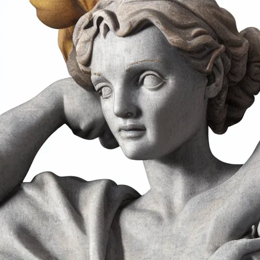 Image similar to marble statue close-up of Rosie the Riveter by Michelangelo, intricate details, soft lighting