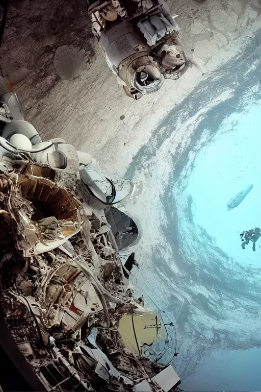 Image similar to a shallow ocean at the bottom of which is a spaceship, behind which is a 300-meter wave, and people in spacesuits are studying the wreckage of another ship, photorealistic