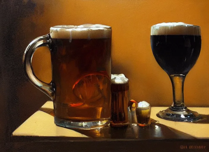 Image similar to greg manchess still life painting of a delicious mug of beer in an empty dieselpunk bar, organic painting, matte painting, bold shapes, hard edges, street art, trending on artstation, by huang guangjian and gil elvgren and sachin teng