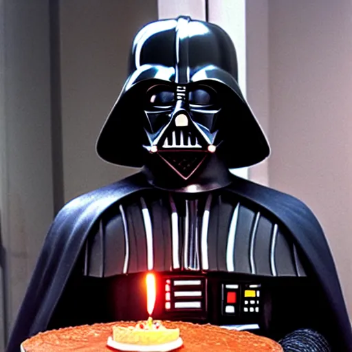 Prompt: Darth Vader trying to blow the candles on his birthday cake