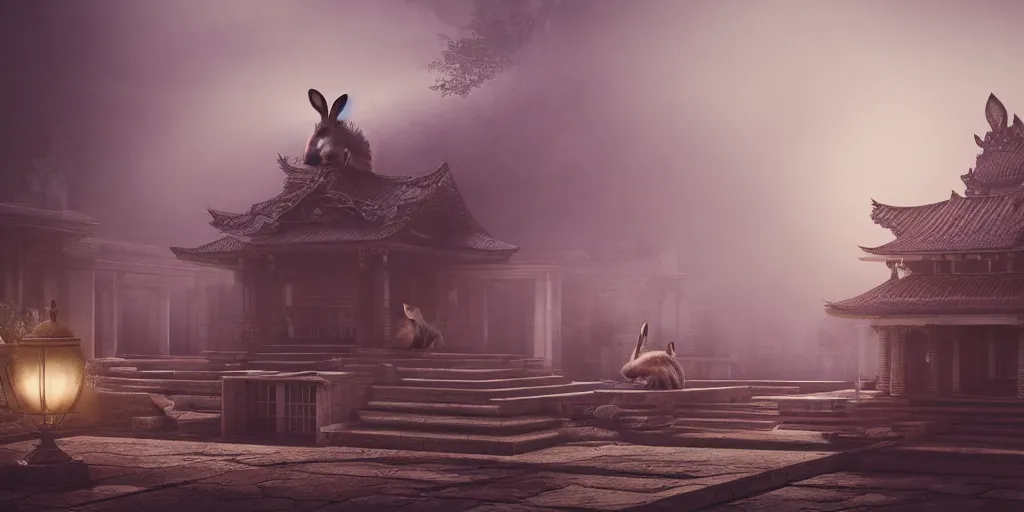 Prompt: A rabbit sits on the roof of a temple, close-up, light through the mist, dramatic lighting, photorealistic, cinematic lighting, high detail, cinematic feel, high octane, 4K, Unreal Engine, digital render, intricate, ultra realistic, concept art