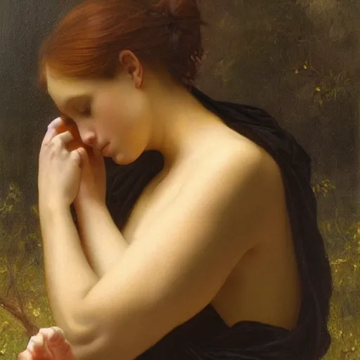 Image similar to oil painting of a beautiful woman mourning the death of a monster by Guillaume Seignac