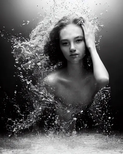 Prompt: a closeup portrait of as beautiful young woman floating under water with a very emotional look, strong single top lighting, moody feel, dramatic