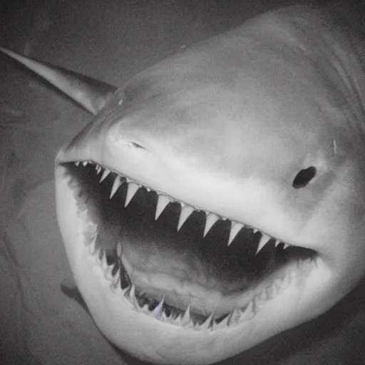 Image similar to grainy photo of a great white shark as a creepy monster in a closet, harsh flash