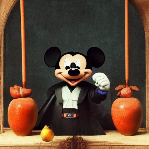 Image similar to mickey mouse crossed with darth vader eating an apple renaissance painting, michelangelo, leonardo da vinci, 4 k, octane render