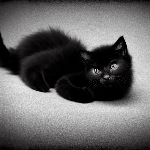 Image similar to black kitten! laying on it ‘ s back showing it ‘ s fluffy belly while looking at the camera!, photorealistic, anatomically correct, sharp focus, 4 k, beautiful,