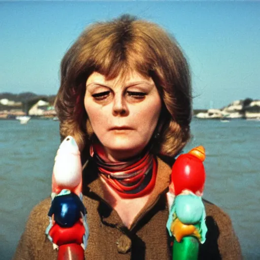 Image similar to 1976 middle aged woman wearing a transluscent inflatable toy head in a small fishing village 1976 French film archival footage technicolor film expired film 16mm Fellini new wave John Waters movie still