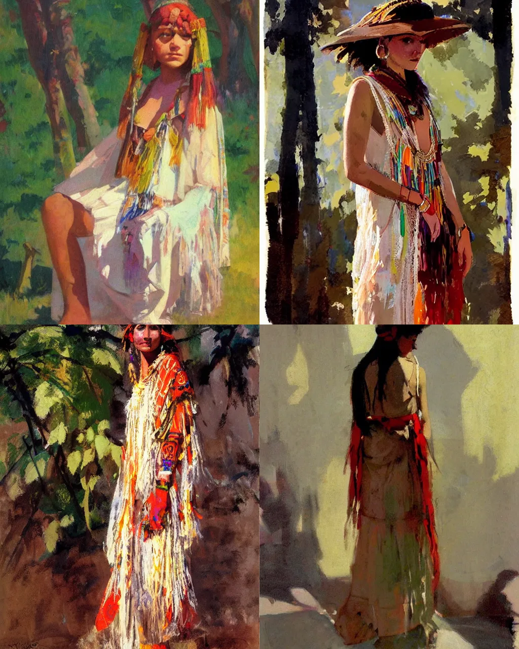 Prompt: portrait of shaman girl in boho dress, painting by Walter Everett and Vanni Saltarelli