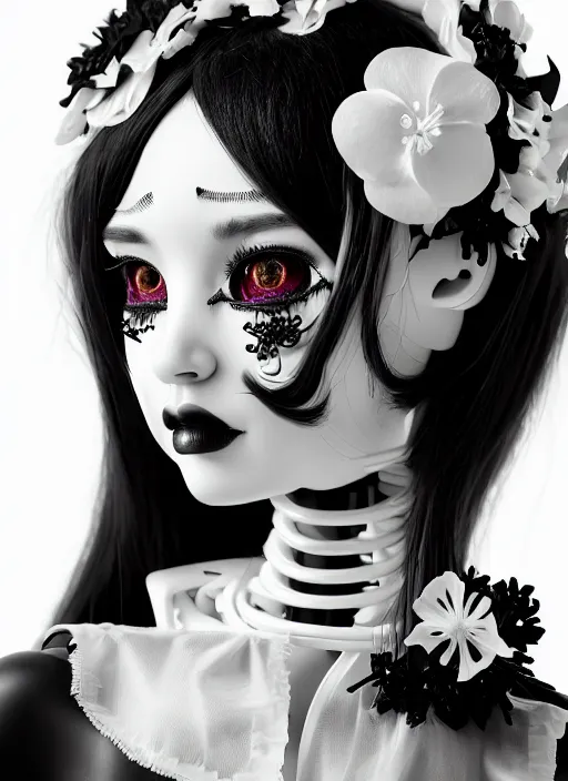 Image similar to black and white dreamy profile face portrait, biomechanical beautiful angelic young female cyborg - robot - doll with long hair made of flowers, body ribs, volumetric light, hibiscus flowers, rim light, big gothic fashion pearl embroidered collar, 1 9 3 0, 8 k