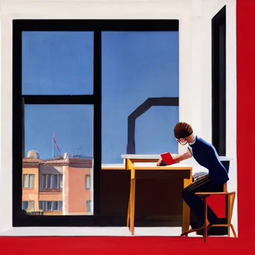 Prompt: A fine art painting of a man wearing Vr goggles dressed as a hypebeast and creating the metaverse at a desk through a window on a British street. In the style of Edward Hopper and Wes Anderson