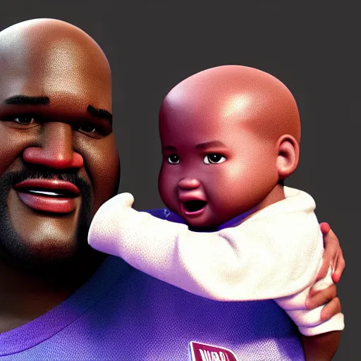 Image similar to a baby shaquille o ’ neal being held by a shocked asian man who can ’ t believe his eyes, pixar, 3 d render, artstation, unreal engine