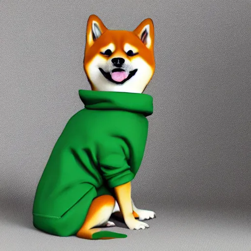 Image similar to a Shiba Inu wearing a green hoodie sitting on a couch, photo, trending on artstation, HDR, nicely detailed, 8k