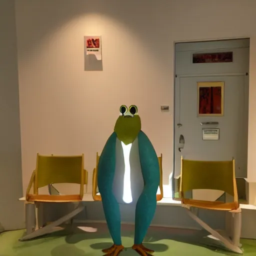 Image similar to a small frog standing on two feet at the hotel reception entry, in style of tove jansson ( the moomins )