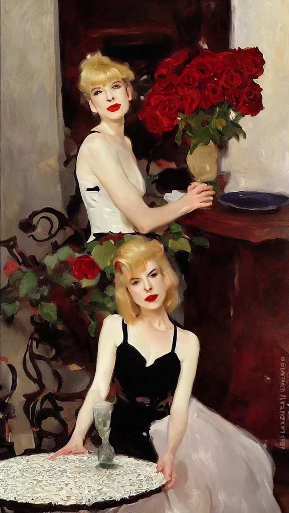 Image similar to beautiful young julee cruise in lace dress beside a pot of red roses set near a persian pot by john singer sargent