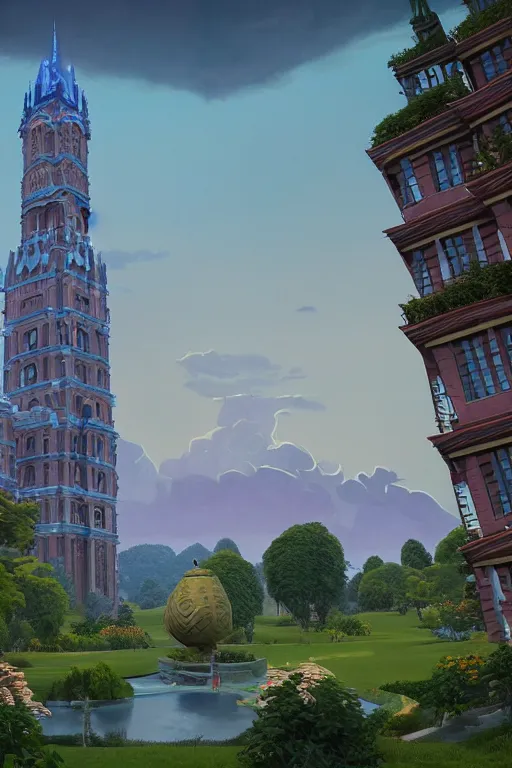 Image similar to view of the mysterious blue tower in its gardens after a storm, tall windows lit up, beautiful ornamental architecture, dramatic cinematic lighting, rich colors, by Nicholas Roerich and William Dyce and April Gornik and Sylvain Sarrailh and Ludwig Deutsch and Diego Rivera, unreal engine