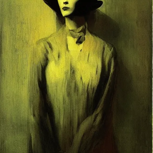 Image similar to portrait of a mysterious woman with a long shadow, by Ilya Repin and Dave McKean