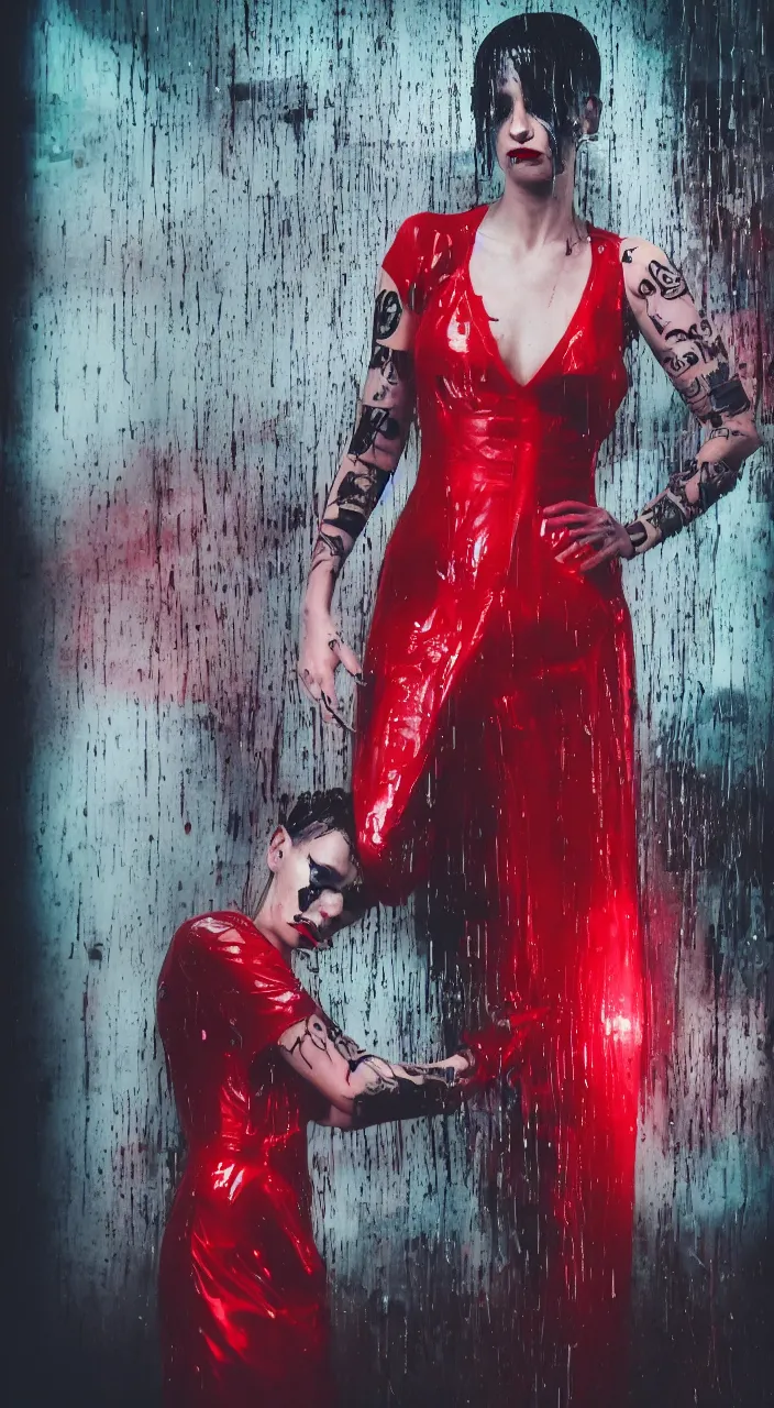 Prompt: woman, android, cyberpunk, artificial limbs, tattoos, neon light, hard light, glamour, vogue photoshoot, fashion, long dress, red dress, raindrops, rain, wet, make - up, leaky make - up, red lipstick