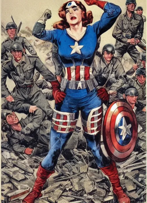 Image similar to female captain america standing on a pile of defeated german soldiers. female captain america wins wwii. american wwii propaganda poster by james gurney