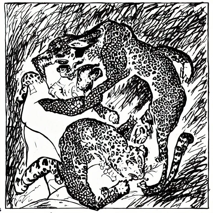 Image similar to a still frame from comic strip, leopard dancing with rabbit 1 9 5 0, herluf bidstrup, new yorker illustration, monochrome contrast bw, lineart, manga, tadanori yokoo, simplified,