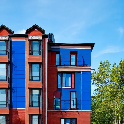 Image similar to tall 4 story house with blue wooden facade with dark red bricks on the roof in a valley