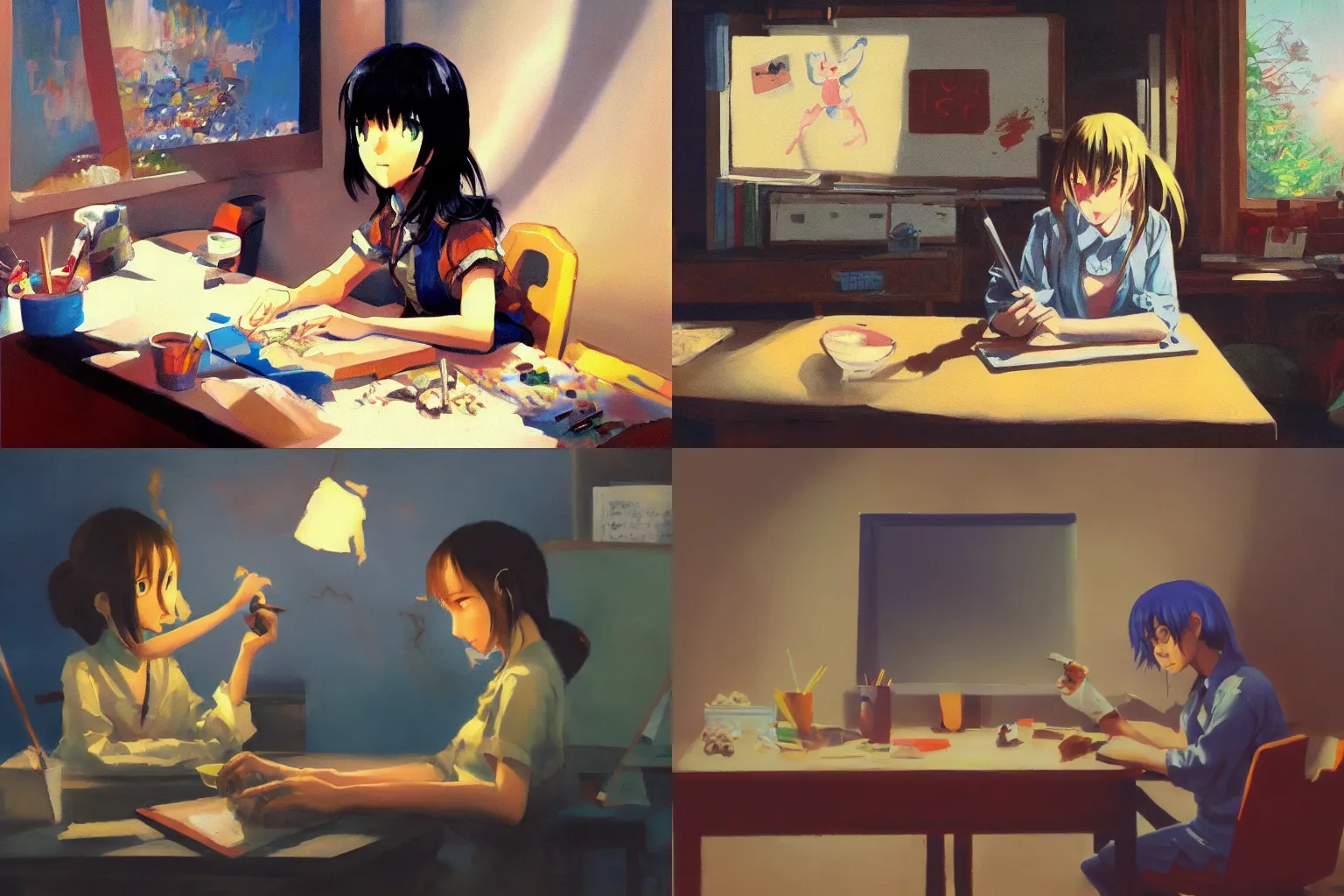 Prompt: oil painting, yoji shinakawa, studio gainax, depressive anime girl sitting at desk messaging online and eating cereal, dramatic lighting